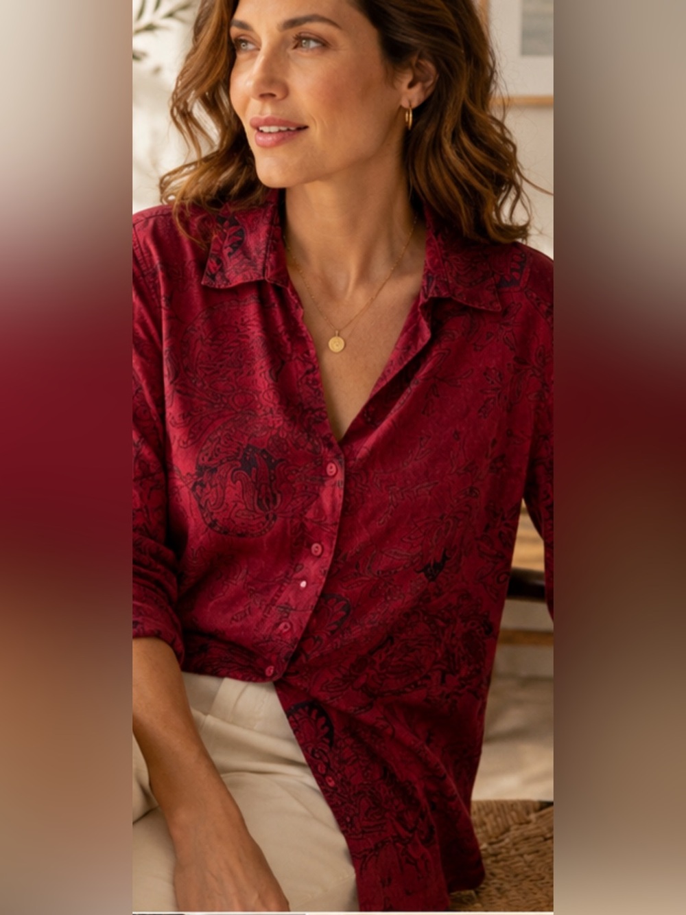 Tianello Red Paisley Blouse Women XL Ramie Rayon Button Front Boho Made in USA